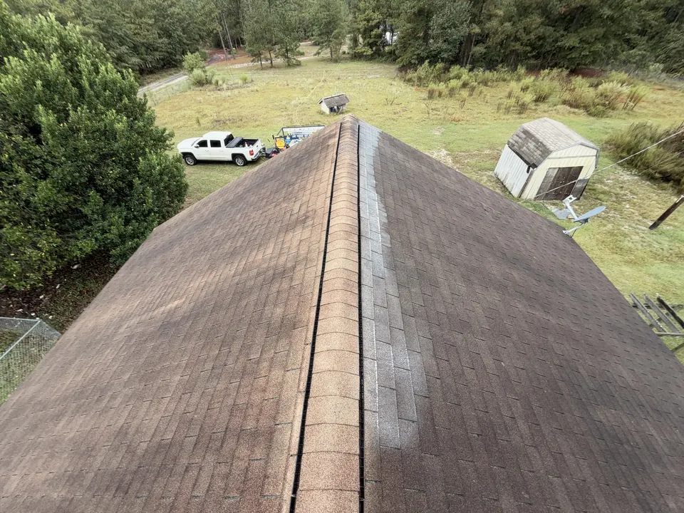 Asphalt shingle roof with dark algae streaks before soft washing